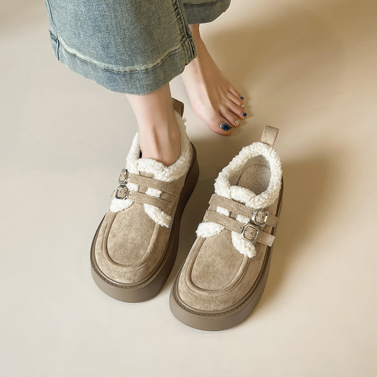 JHC-YW64 | Suede & Cork Winter Shearling Fur-Lined Chunky - Fujian Jinhongchang Sports Goods Co., Ltd.