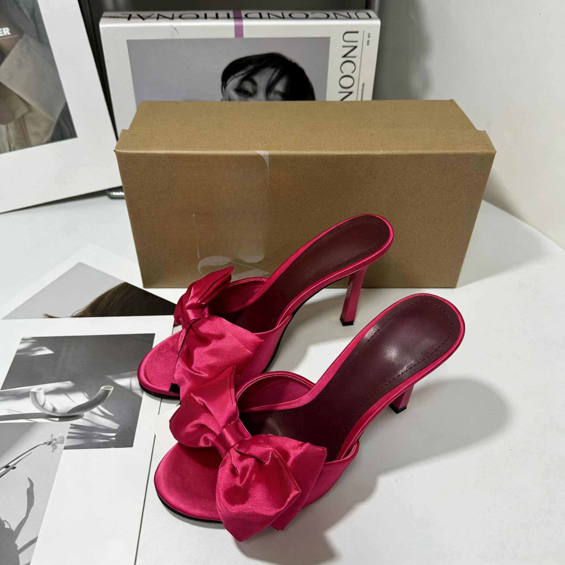 JHC-HB-300 | Bow Detail Silky Satin Stiletto Heel Heeled Slide angle 3