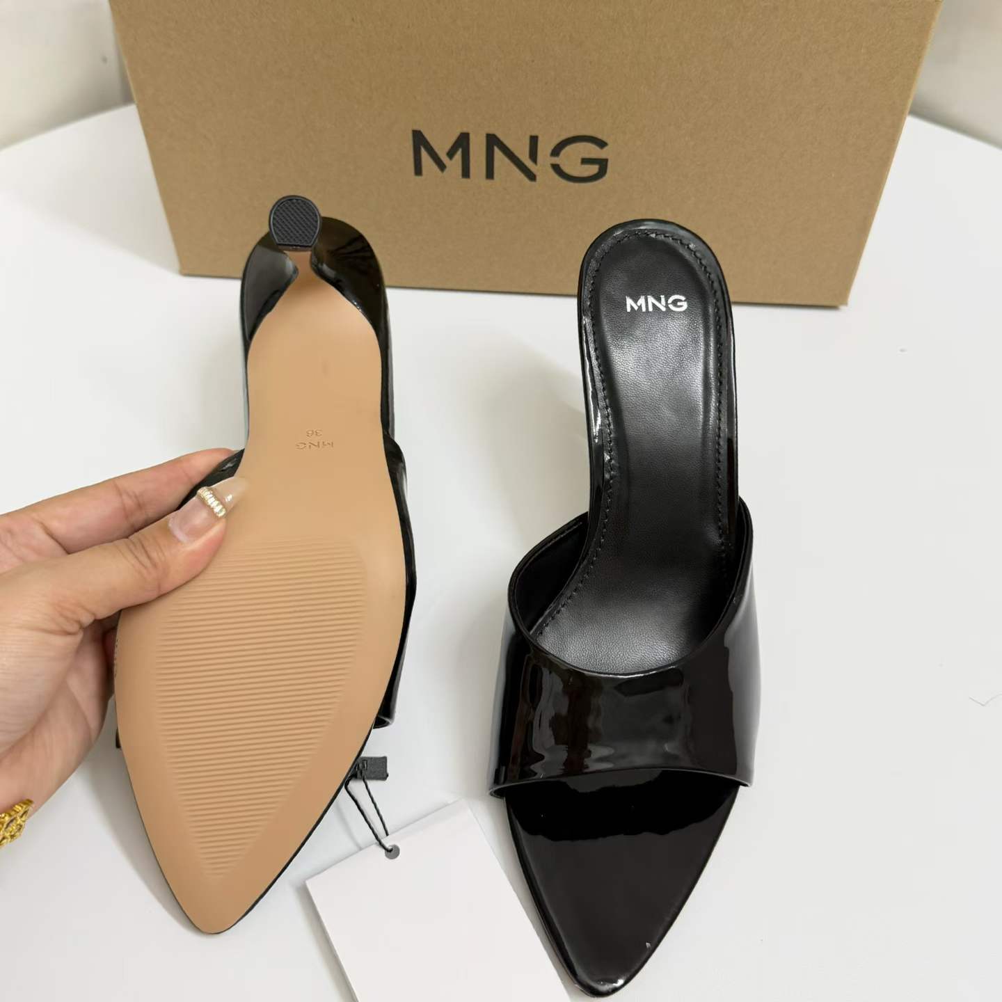 JHC-HB-111 | Patent Gloss Pointed-Toe Stiletto Heel Mule Slide angle 3