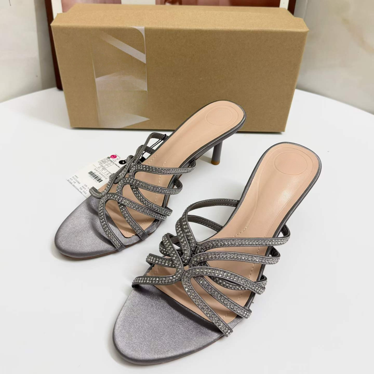 JHC-HB-214 | Rhinestone Embellished Minimalist Strap Stiletto Heel Heeled Slide - Fujian Jinhongchang Sports Goods Co., Ltd.