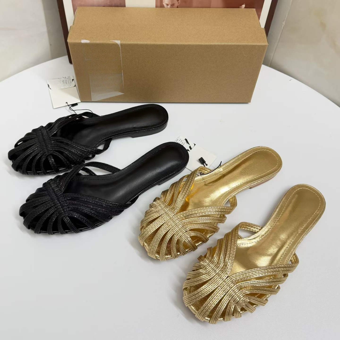 JHC-HB-021 | Minimalist Strap Metallic Gold Flat Casual Slide Slipper angle 2