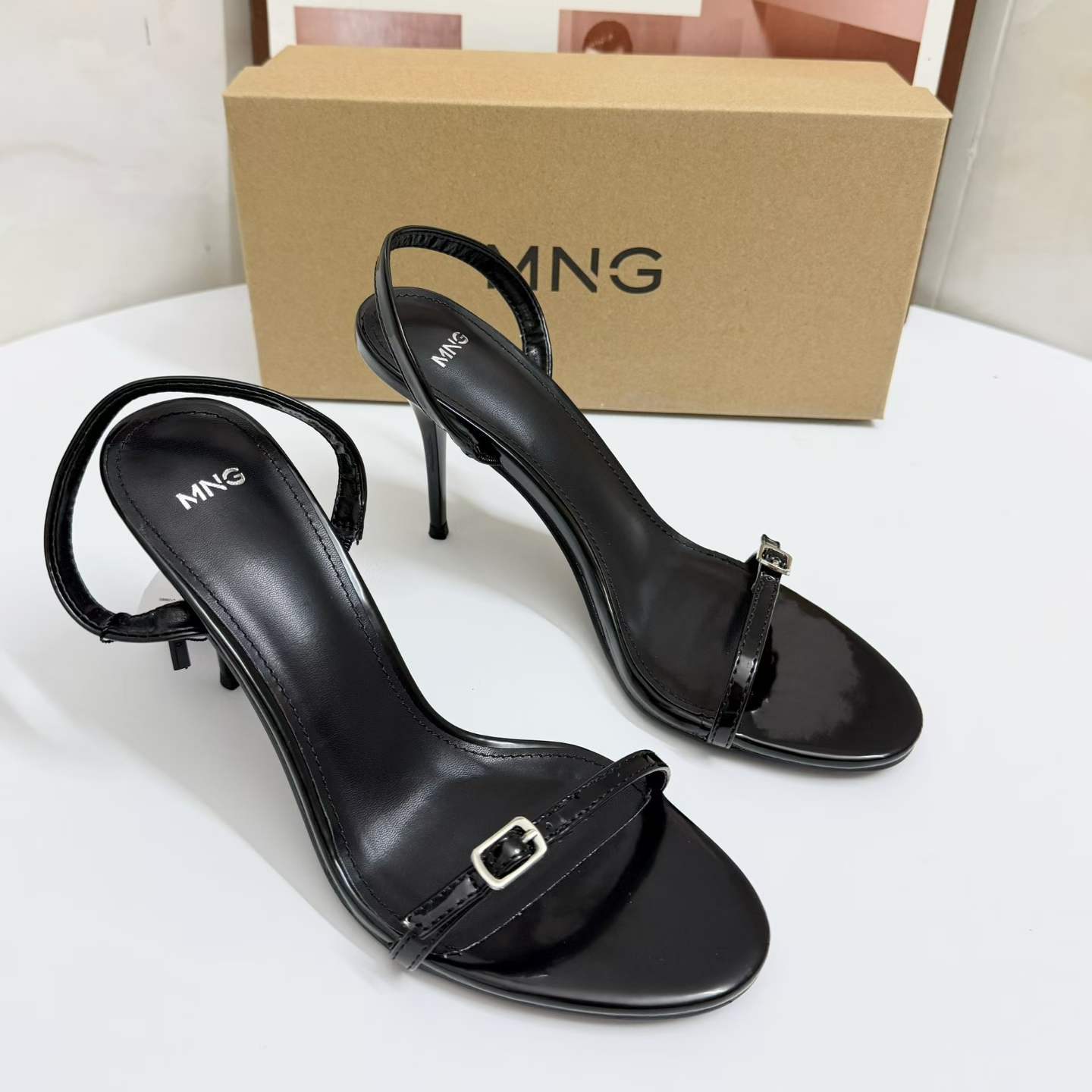 JHC-HB-065 | Metal Buckle Patent Gloss Stiletto Heel Dress Sandal angle 2