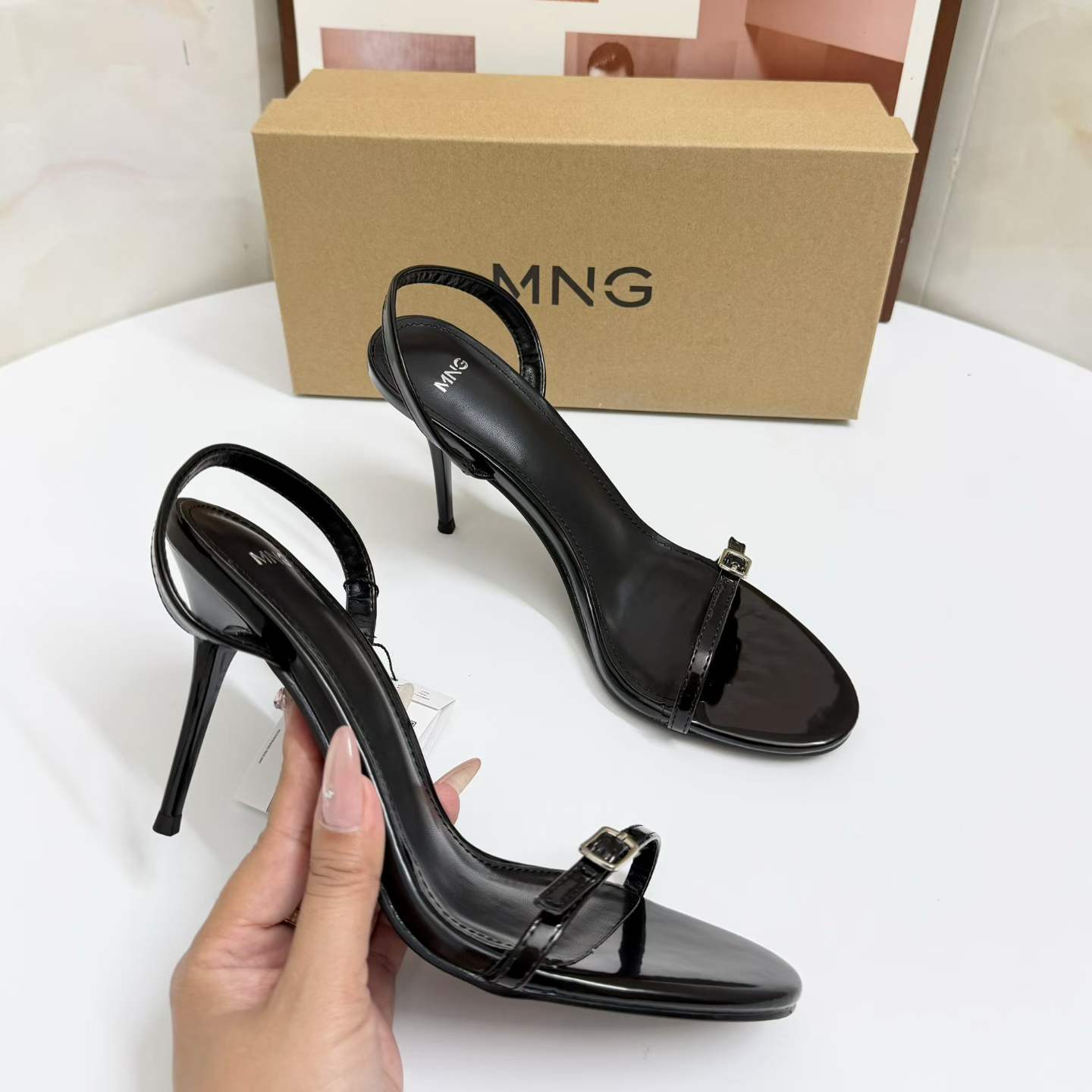 JHC-HB-065 | Metal Buckle Patent Gloss Stiletto Heel Dress Sandal angle 3