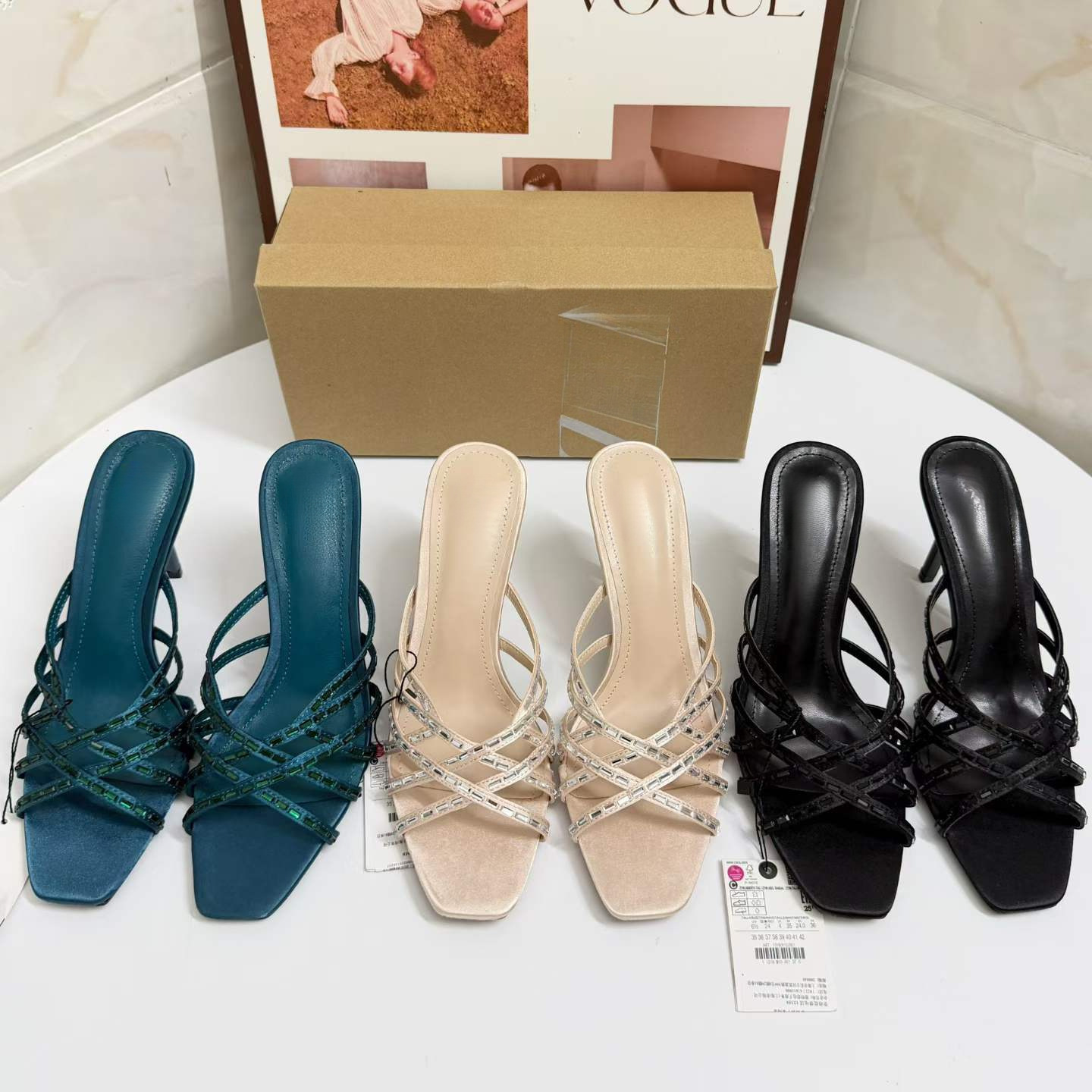 JHC-HB-053 | Rhinestone Embellished Woven Cutout Square-Toe High-Heel Heeled Slide - Fujian Jinhongchang Sports Goods Co., Ltd.