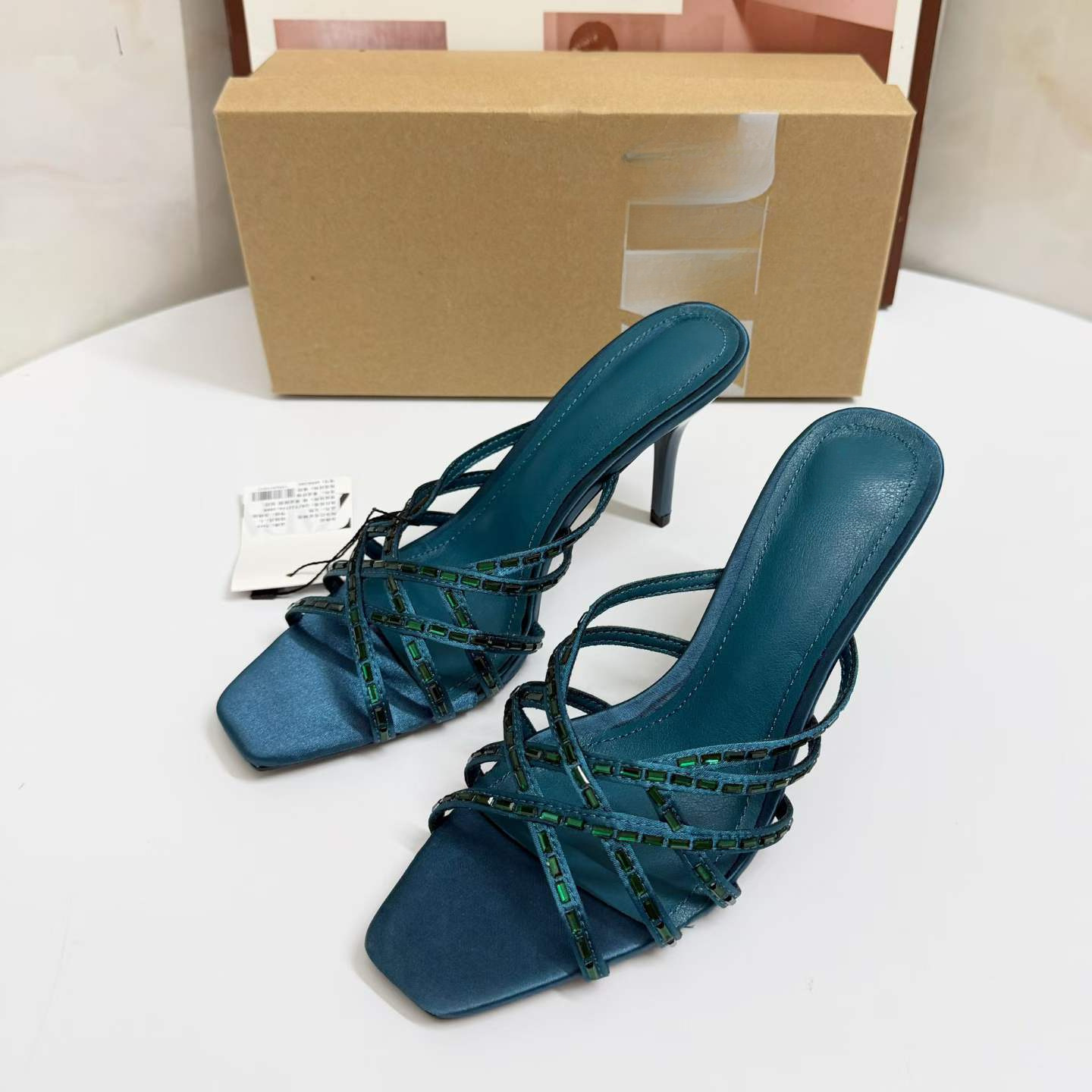 JHC-HB-053 | Rhinestone Embellished Woven Cutout Square-Toe High-Heel Heeled Slide angle 2