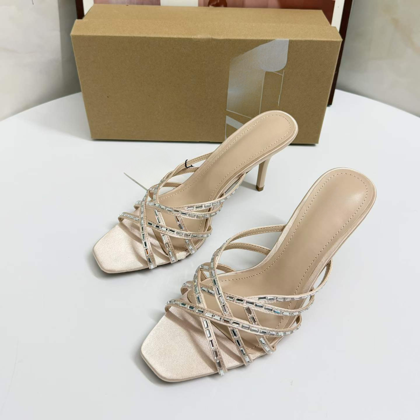 JHC-HB-053 | Rhinestone Embellished Woven Cutout Square-Toe High-Heel Heeled Slide angle 3