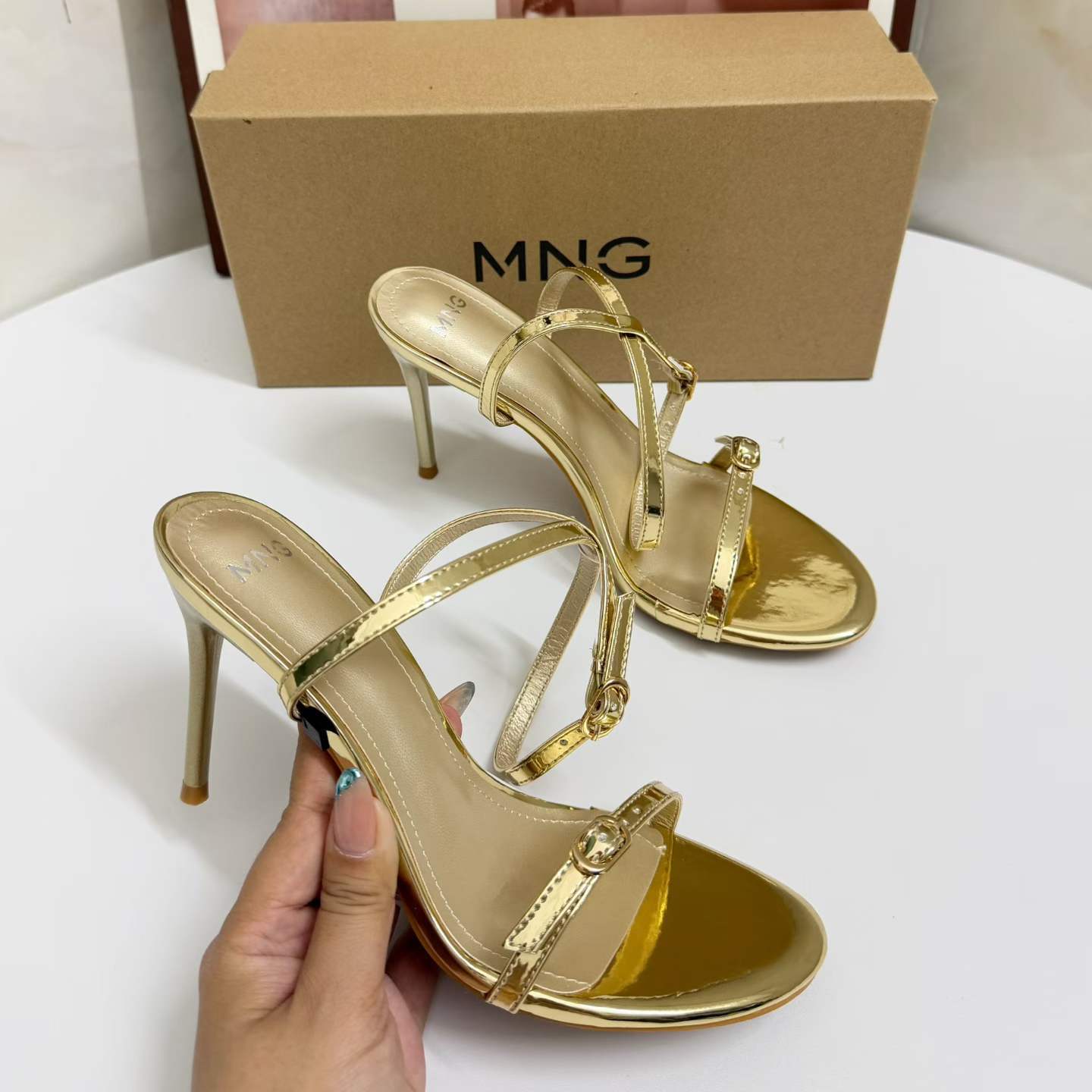 JHC-HB-160 | Metal Buckle Metallic Gold Open-Toe Stiletto Heel Gladiator Sandal angle 2