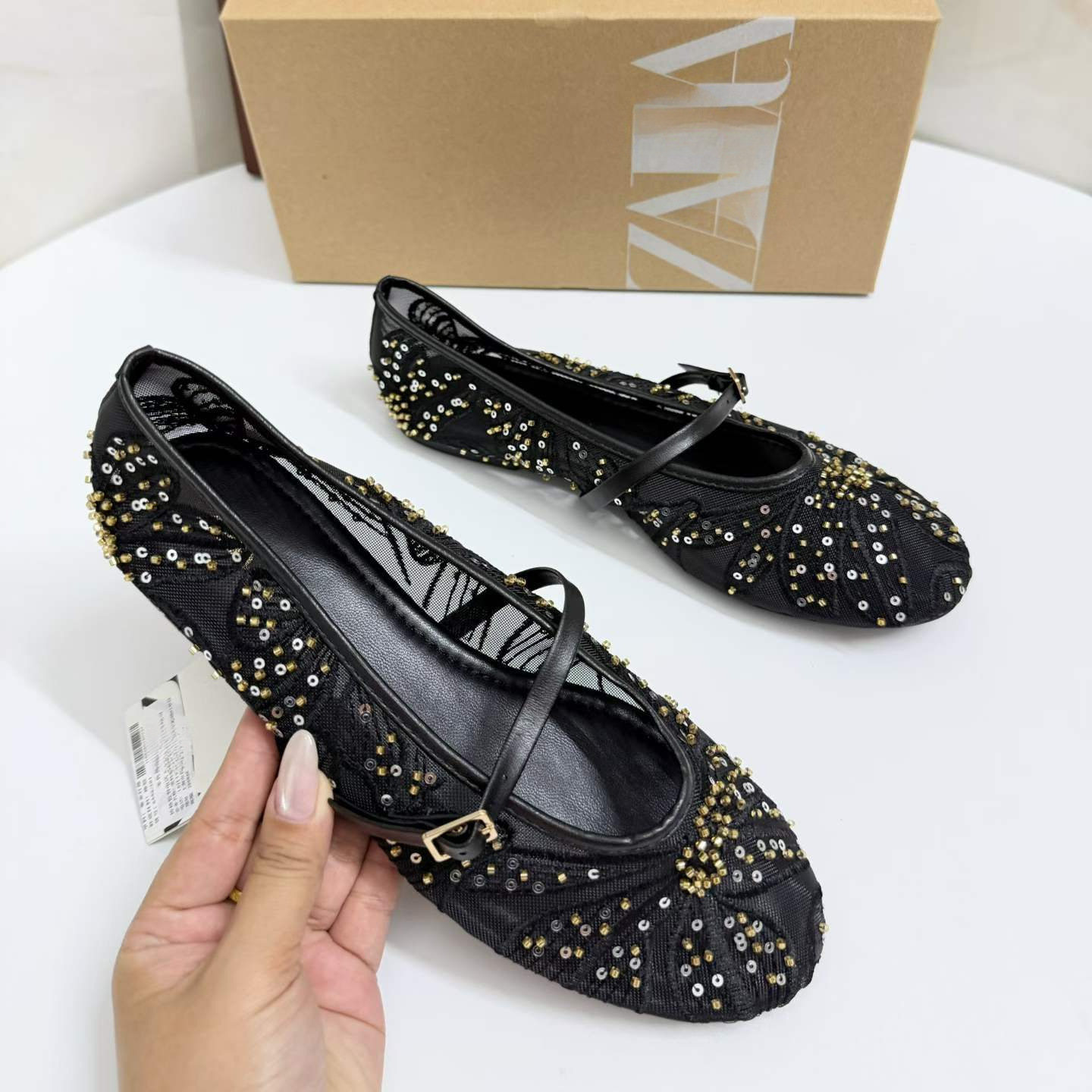 JHC-HB-289 | Rhinestone Embellished Embroidered Flat Ballet Flat angle 3