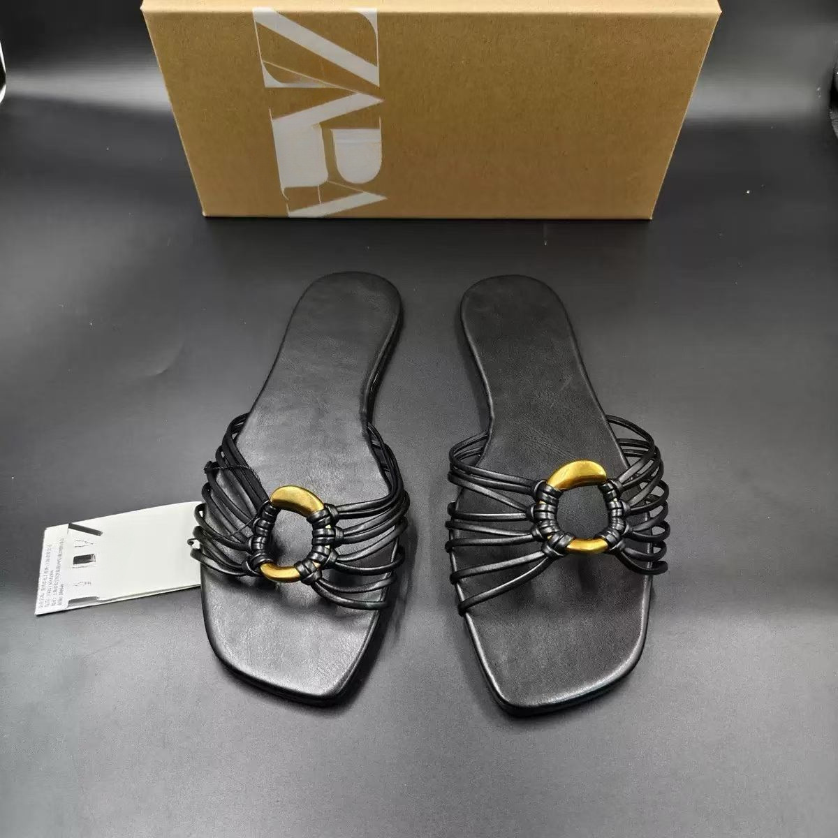 JHC-HB-105 | Metal Buckle Woven Cutout Open-Toe Flat Casual Slide Slipper angle 2