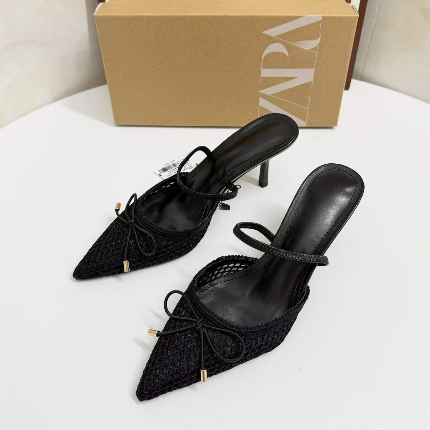JHC-HB-286 | Woven Cutout Bow Detail Pointed-Toe High-Heel Mule Slide angle 3