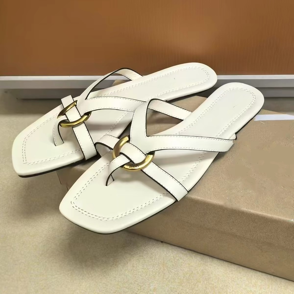 JHC-HB-285 | Metal Buckle Crisscross Straps Square-Toe Flat Casual Slide Slipper angle 2
