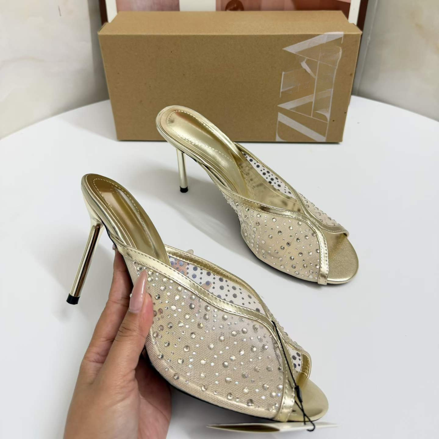 JHC-HB-174 | Rhinestone Embellished Breathable Mesh Open-Toe Stiletto Heel Heeled Slide angle 2