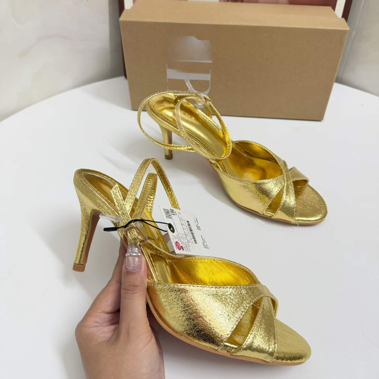 JHC-HB-187 | Metal Buckle Metallic Gold Open-Toe Stiletto Heel Dress Sandal angle 3