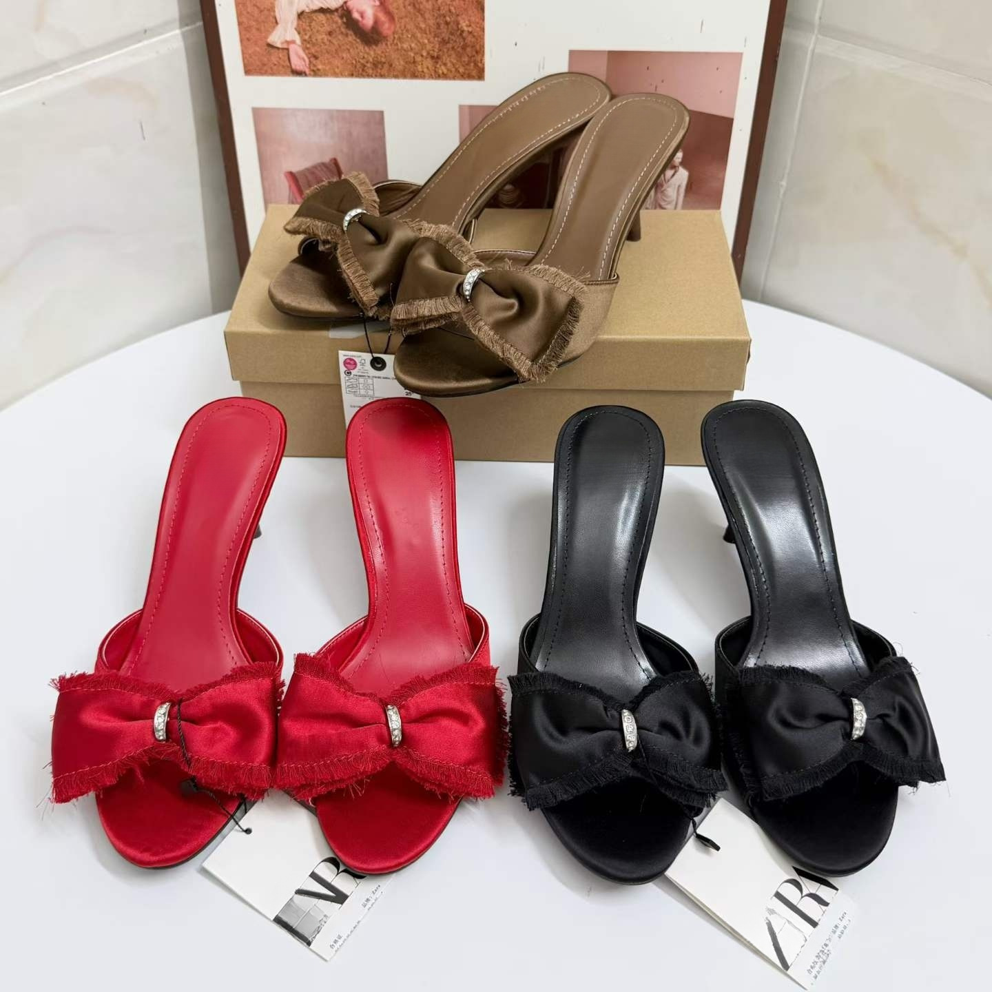 JHC-HB-154 | Rhinestone Embellished Bow Detail Pointed-Toe Stiletto Heel Mule Slide - Fujian Jinhongchang Sports Goods Co., Ltd.