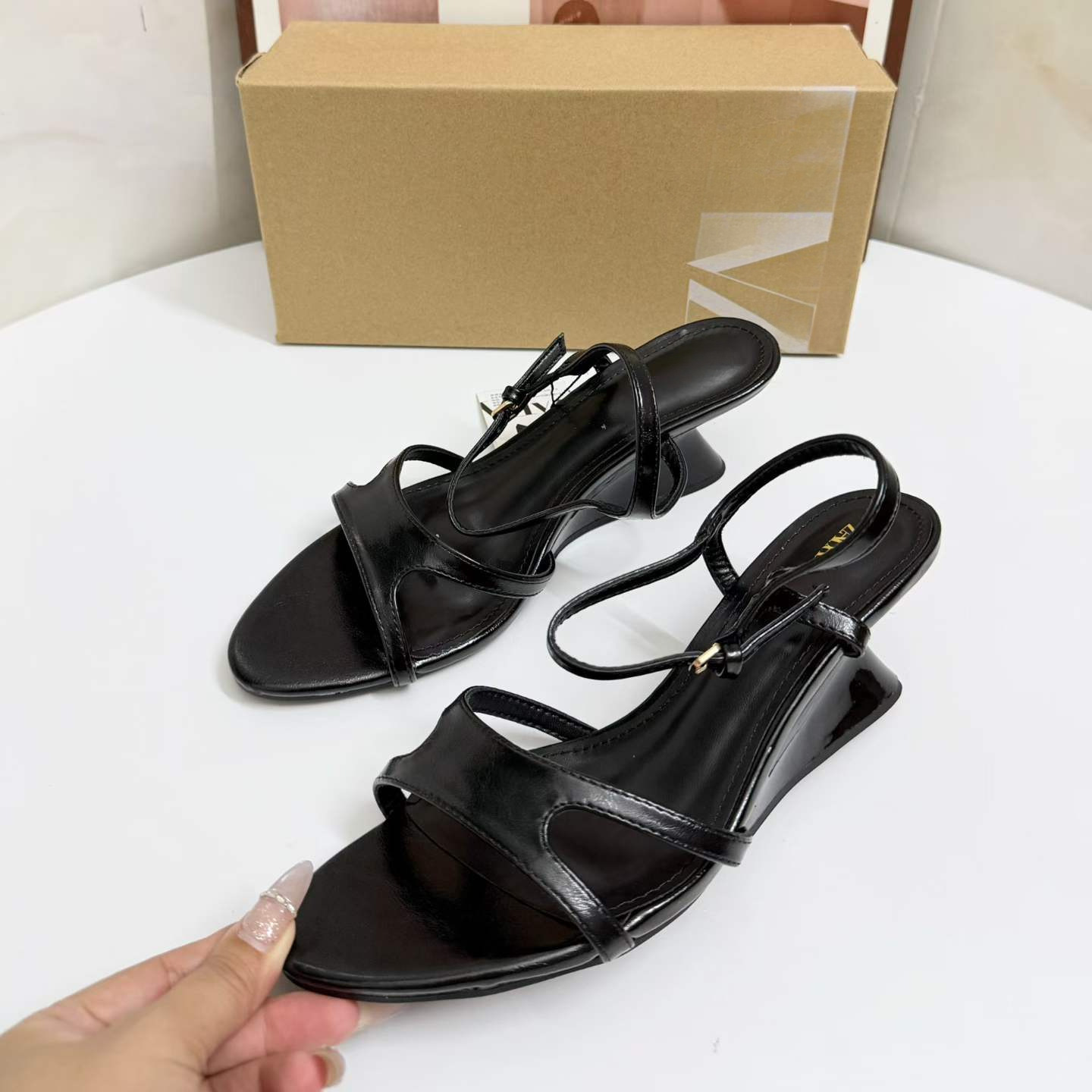 JHC-HB-283 | Metal Buckle Minimalist Strap Round-Toe High-Heel Dress Sandal angle 3