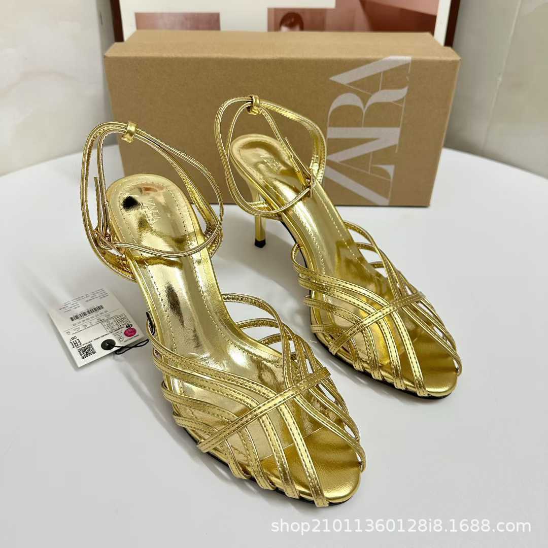 JHC-HB-149 | Woven Cutout Metallic Gold Pointed-Toe Stiletto Heel Dress Sandal - Fujian Jinhongchang Sports Goods Co., Ltd.