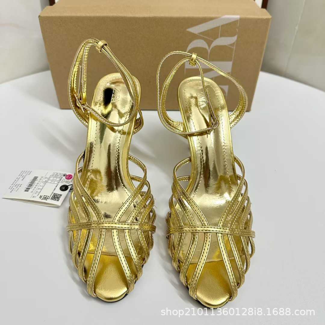 JHC-HB-149 | Woven Cutout Metallic Gold Pointed-Toe Stiletto Heel Dress Sandal angle 2
