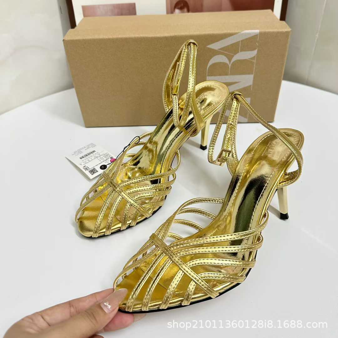 JHC-HB-149 | Woven Cutout Metallic Gold Pointed-Toe Stiletto Heel Dress Sandal angle 3
