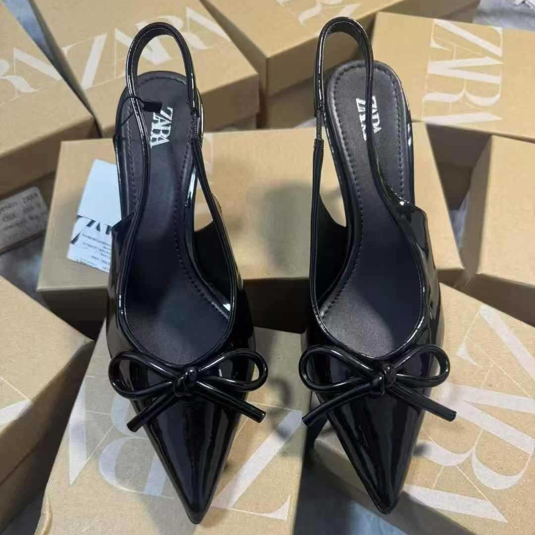 JHC-HB-192 | Patent Gloss Bow Detail Pointed-Toe Stiletto Heel Dress Sandal angle 2