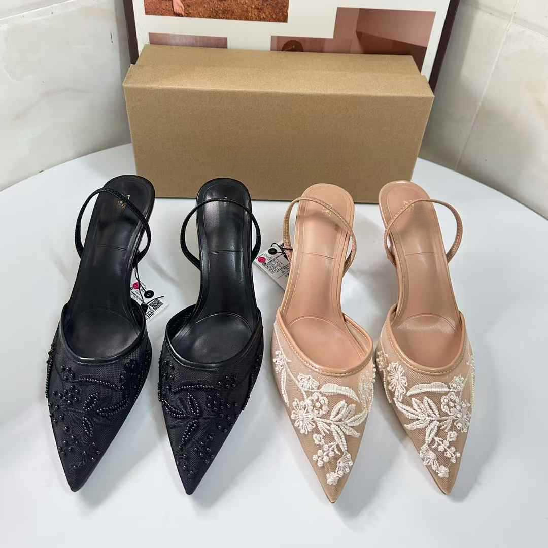 JHC-HB-069 | Embroidered Breathable Mesh Pointed-Toe Stiletto Heel Mule Slide - Fujian Jinhongchang Sports Goods Co., Ltd.